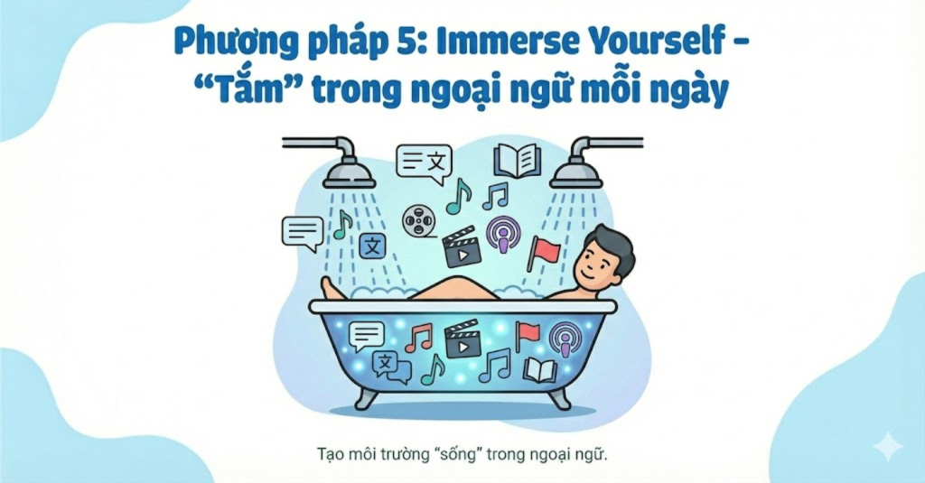 Phương pháp 5: Immerse Yourself – “Tắm” trong ngoại ngữ mỗi ngày tạo đi