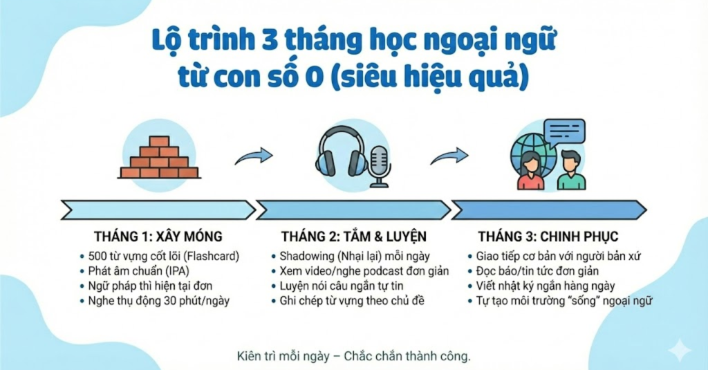 Lộ trình 3 tháng học ngoại ngữ từ con số 0 (siêu hiệu quả) tạo đi