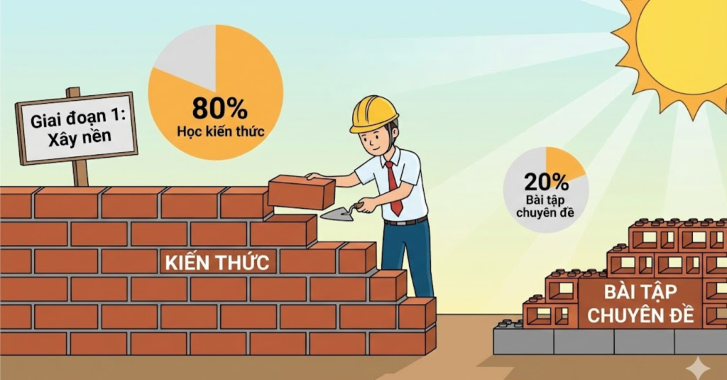 Giai đoạn 1: Xây nền (Tỷ lệ: 80% Học kiến thức - 20% Bài tập chuyên đề)