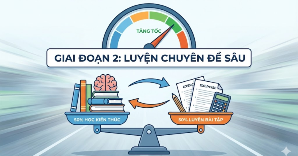 Giai đoạn 2: Tăng tốc - Luyện chuyên đề sâu (Tỷ lệ: 50% Học kiến thức - 50% Luyện bài tập)