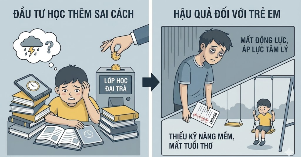 Hậu quả của việc đầu tư học thêm sai cách đối với trẻ em