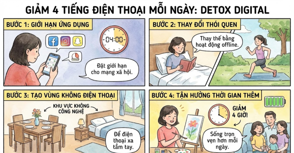 Cách giảm 4 tiếng dùng điện thoại mỗi ngày bằng detox digital