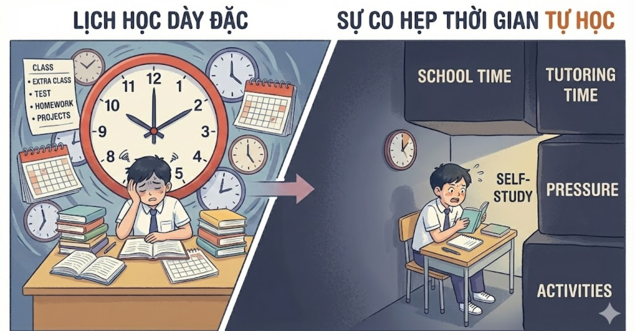 Lịch học dày đặc và sự co hẹp của thời gian tự học 