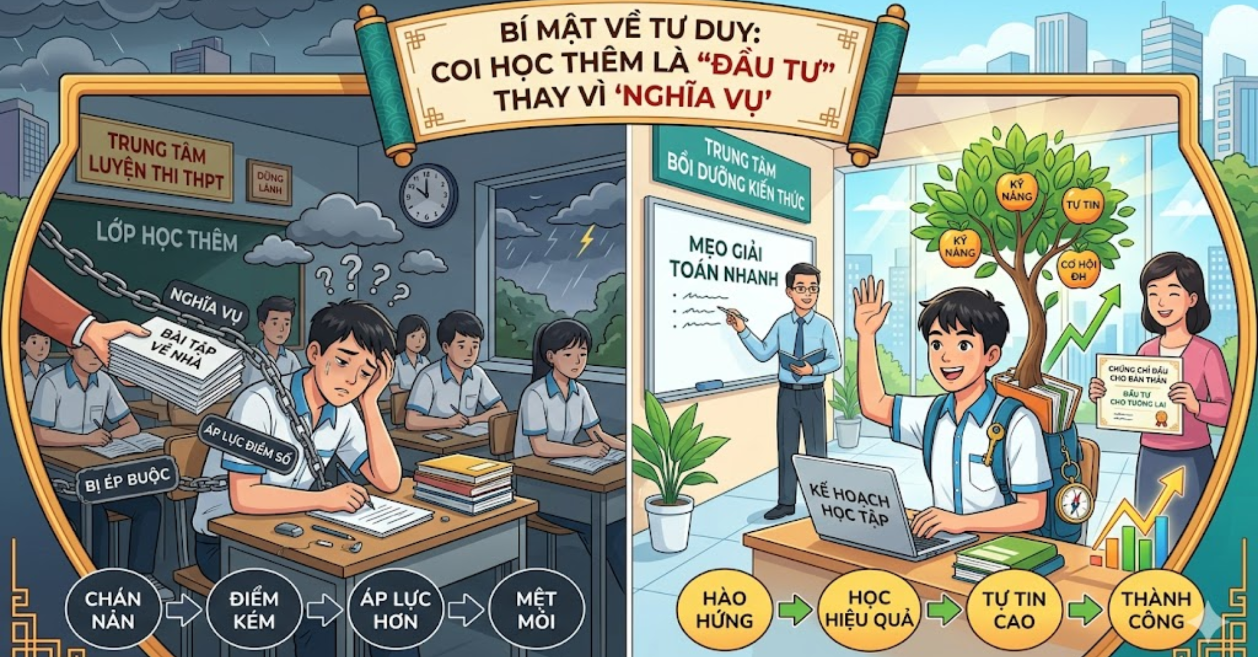 Bí mật về tư duy: Coi học thêm là "Đầu tư" thay vì "Nghĩa vụ"