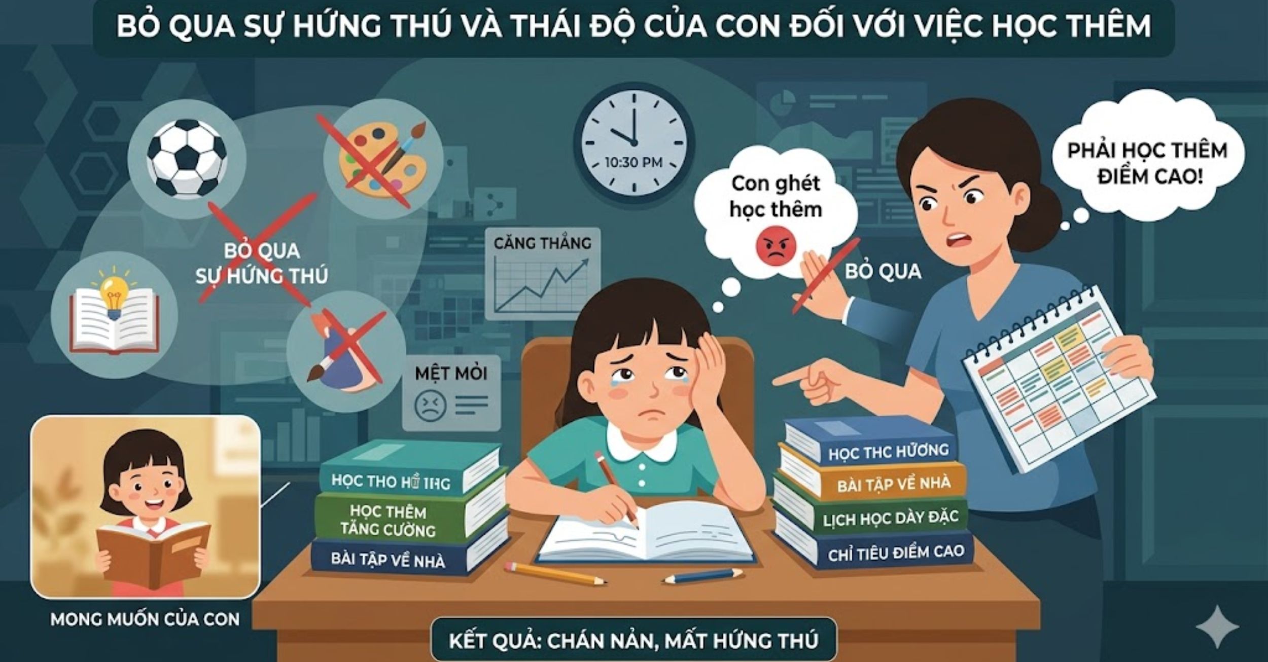 Bỏ qua sự hứng thú và thái độ của con đối với việc học thêm