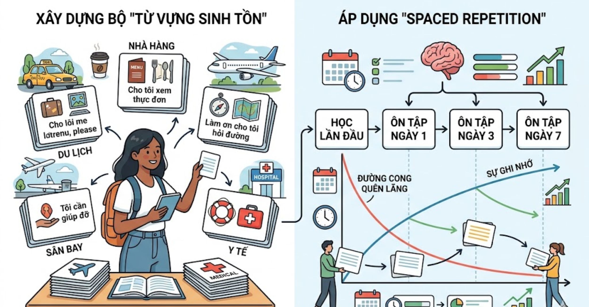 Bí quyết 3: Xây dựng bộ "Từ vựng sinh tồn" và Spaced Repetition