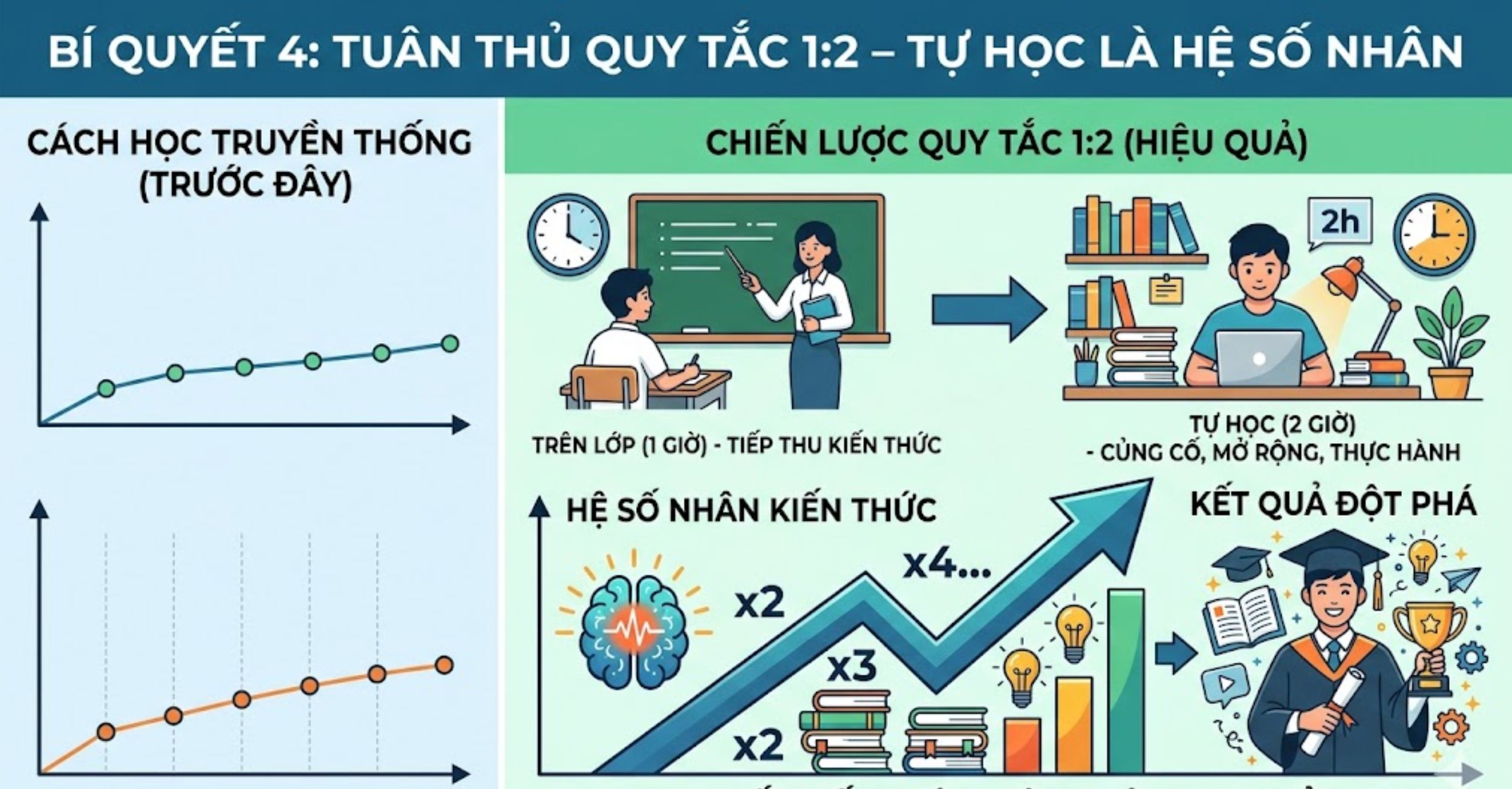 Bí quyết 4: Tuân thủ quy tắc 1:2 – Tự học là hệ số nhân