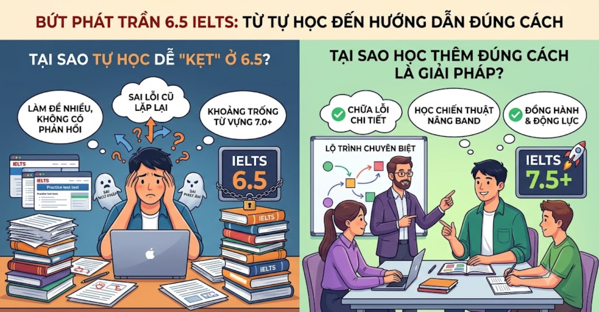 Tại sao tự học lại dễ "kẹt" ở 6.5 và tại sao học thêm đúng cách lại giải quyết được?